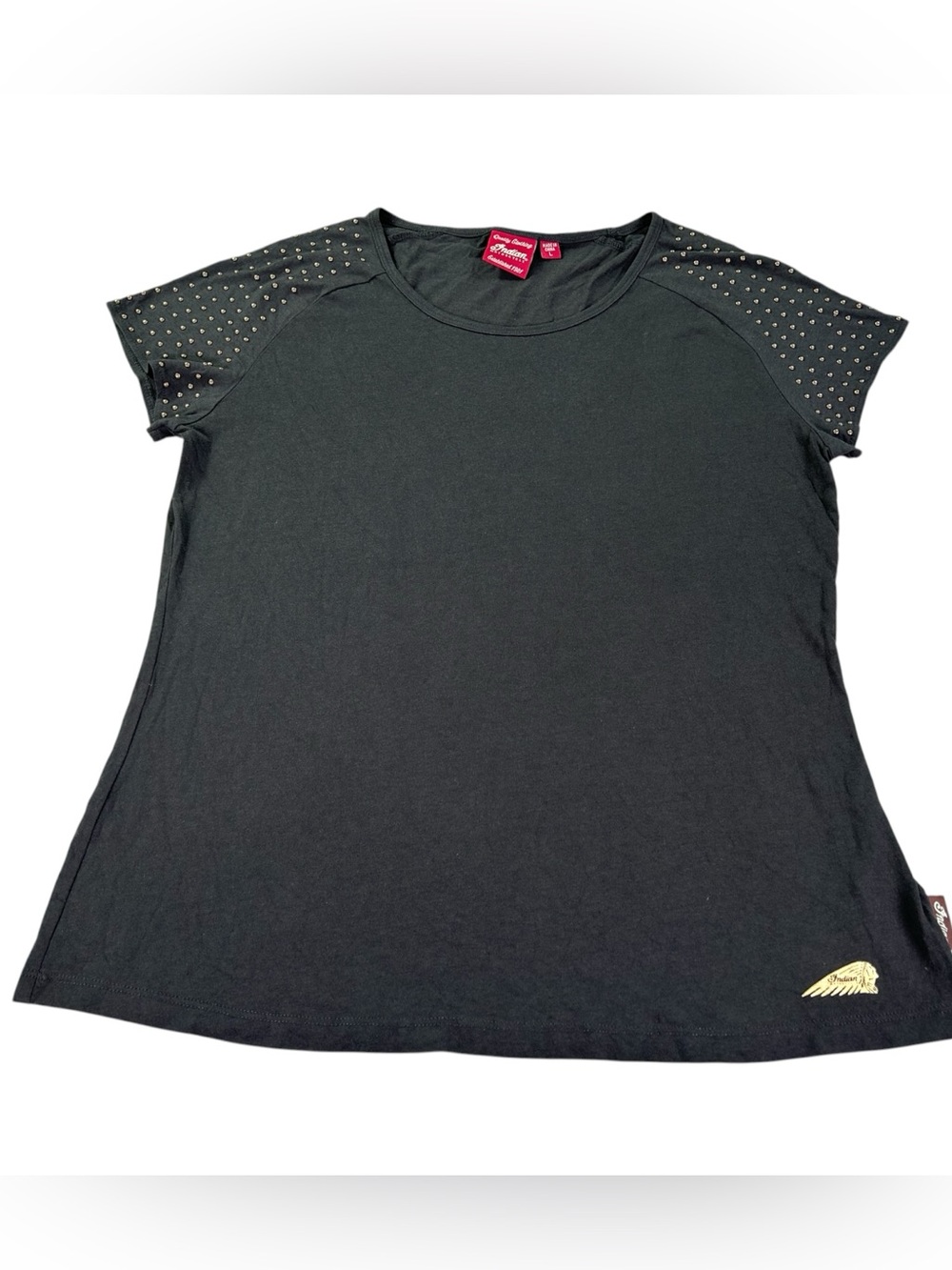 Indian Motorcycle Stud Shoulder Tee Women’s L Black Gold Studded Biker Shirt